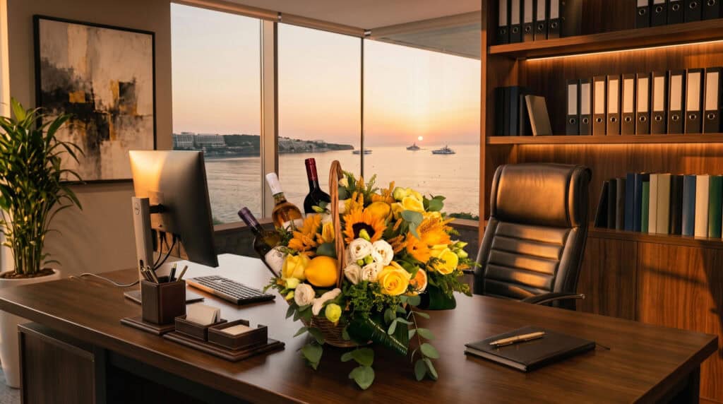 Elegant office desk with flower arrangement and sunset view for corporate event.